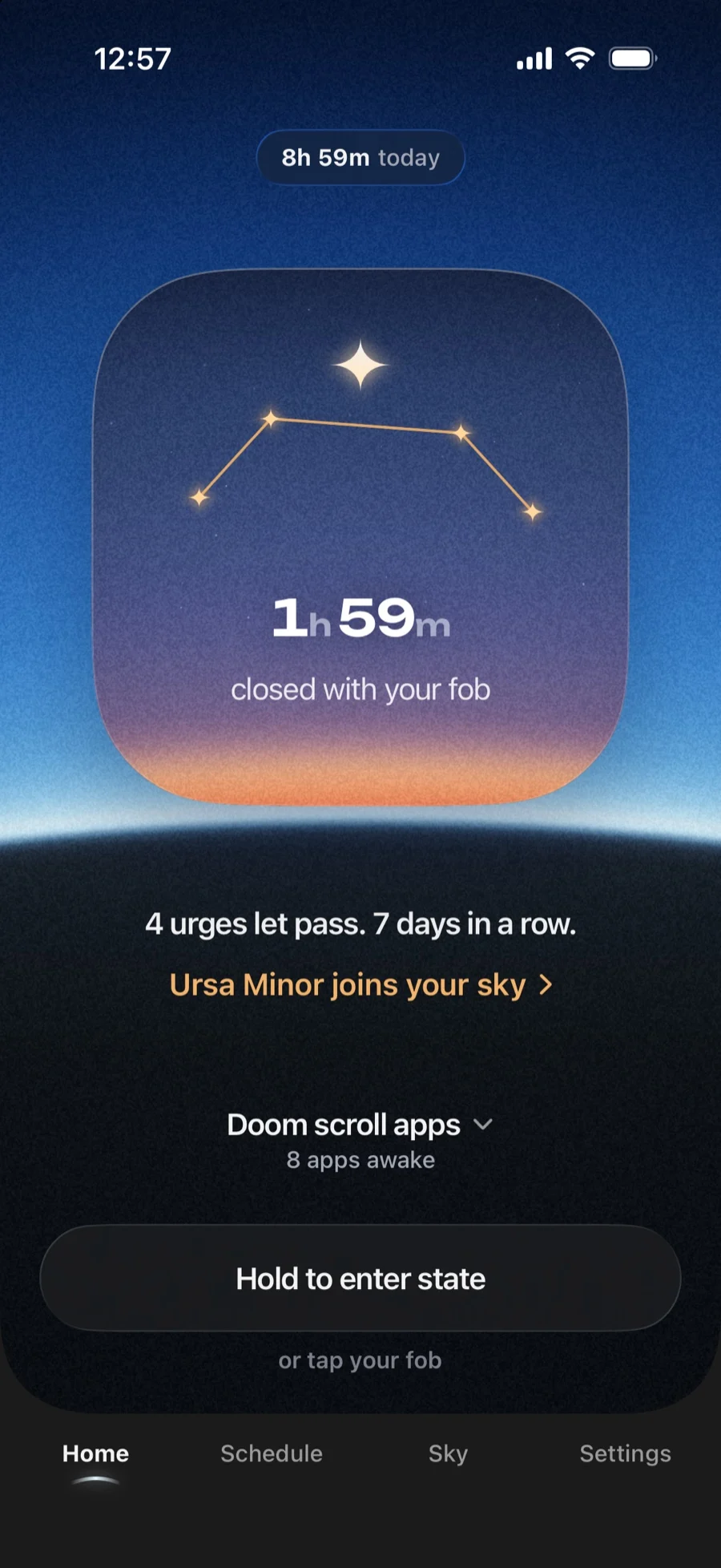 Dawn after the key closed the session: four stars joined into a figure, 1 hour 59 minutes.