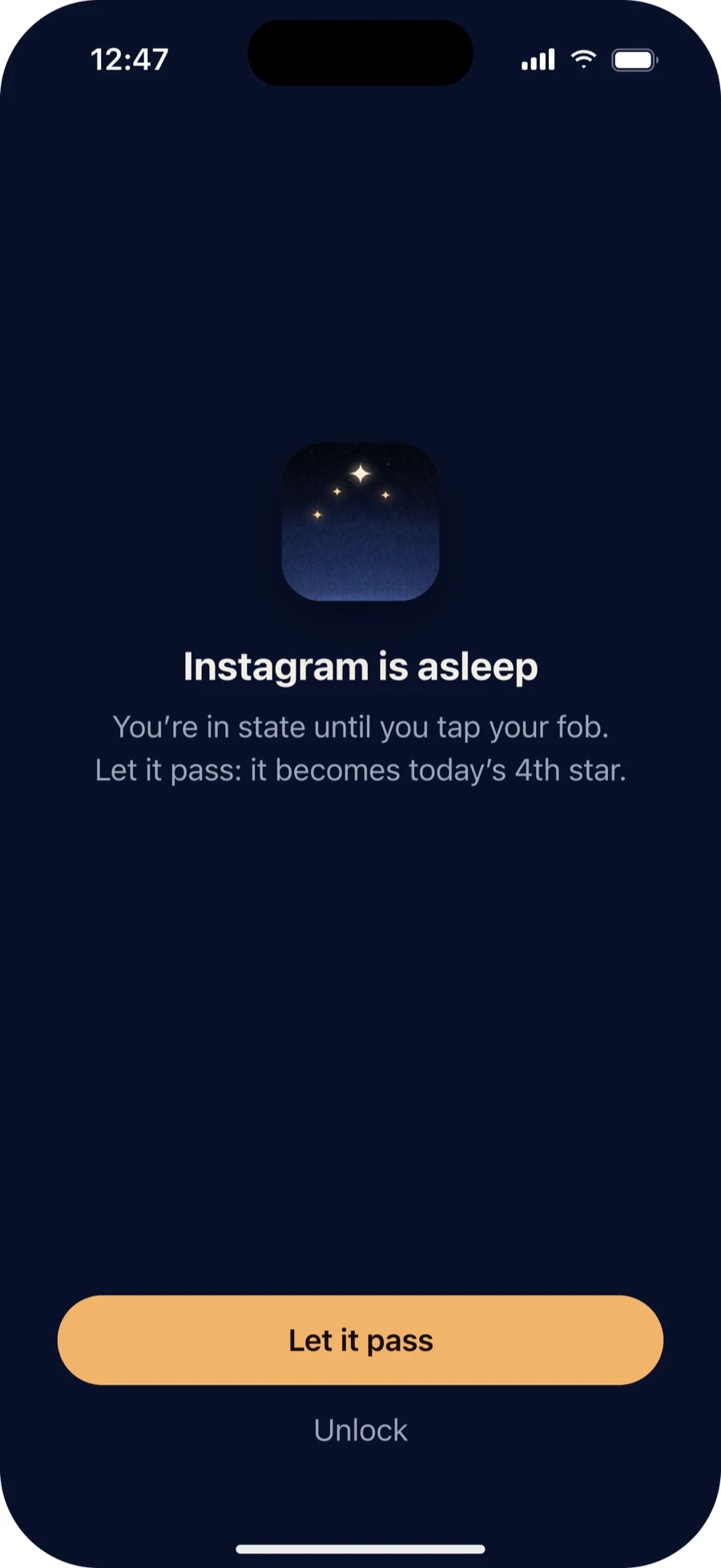 The screen you see when you open a sleeping app: Instagram is asleep, with a Let it pass button.